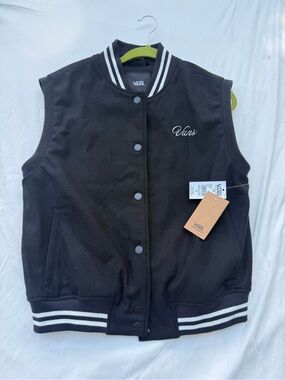 Vans Black Sleeveless Varsity Jacket with White Stripes